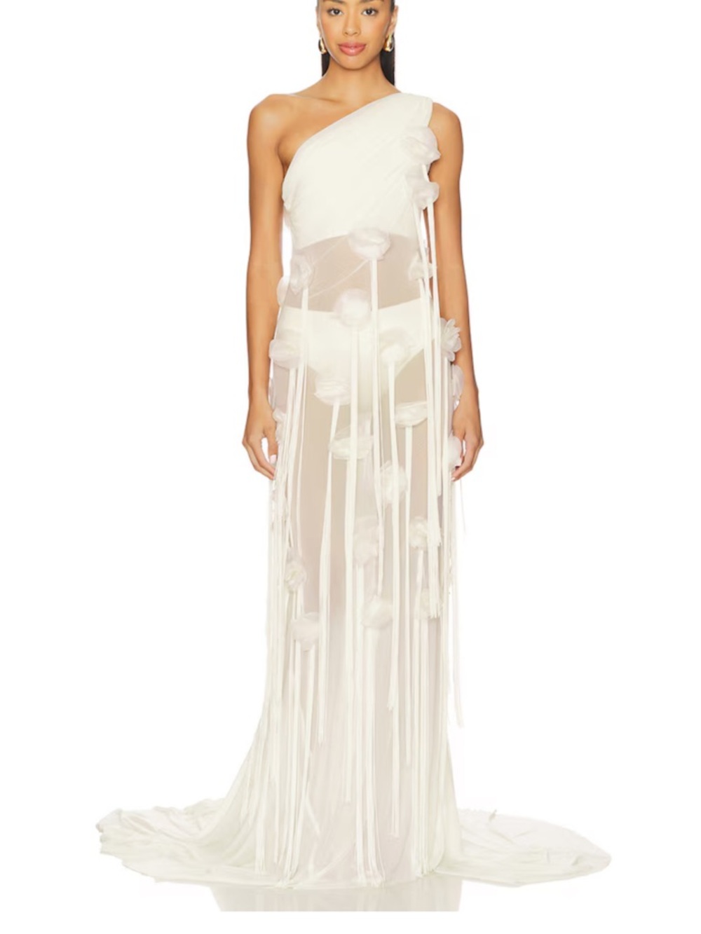 White One-Shoulder Sheer Floral Fringe Gown